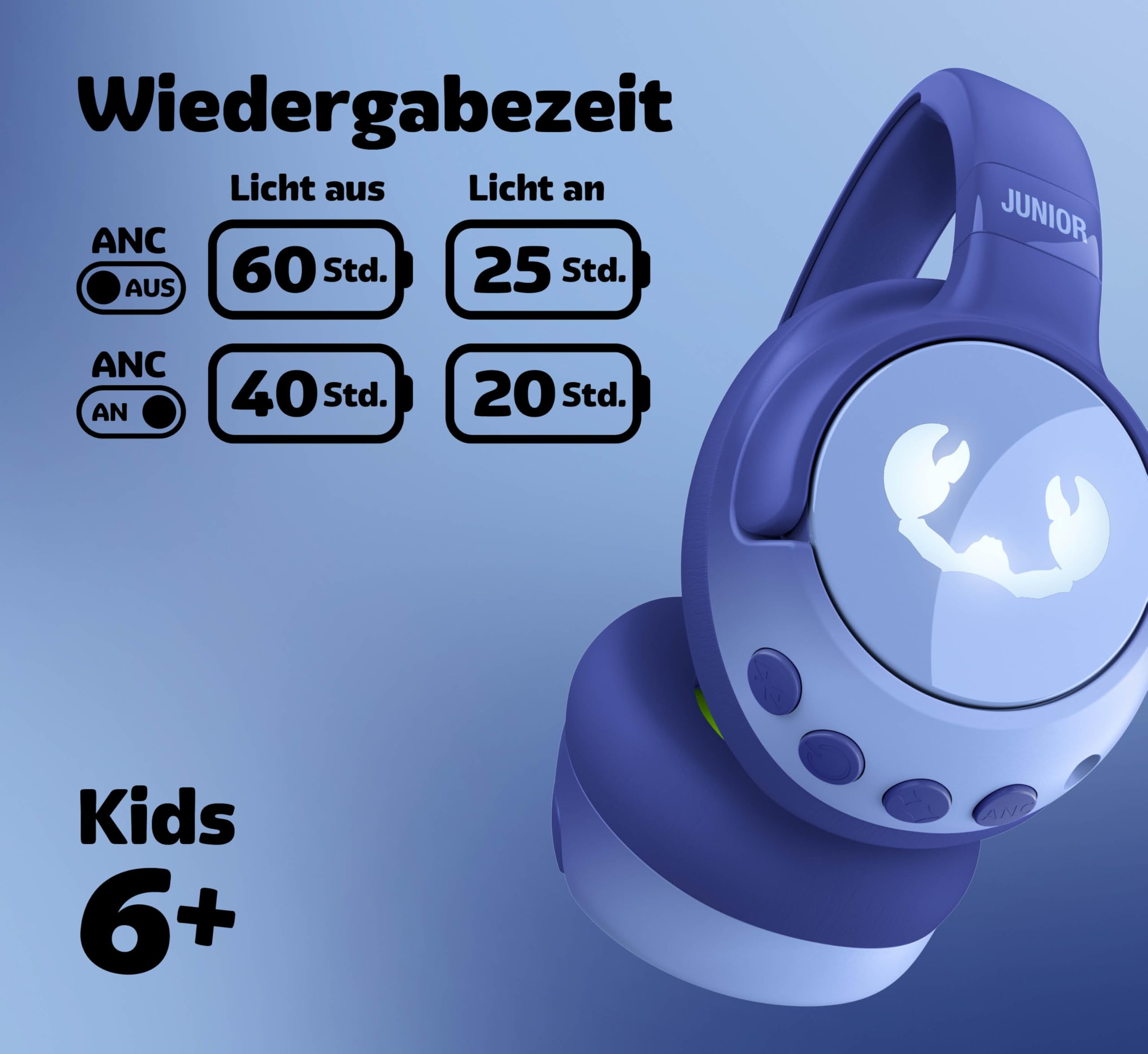 Fresh 'n Rebel Clam Junior, Bluetooth-Kopfhörer für Kinder mit aktiver Geräuschunterdrückung, sicherer Klang (<85dB), Mit Audiokabel und Aufklebern, LED-Lichteffekt. 60 Std. Spielzeit (Starry Sky)
