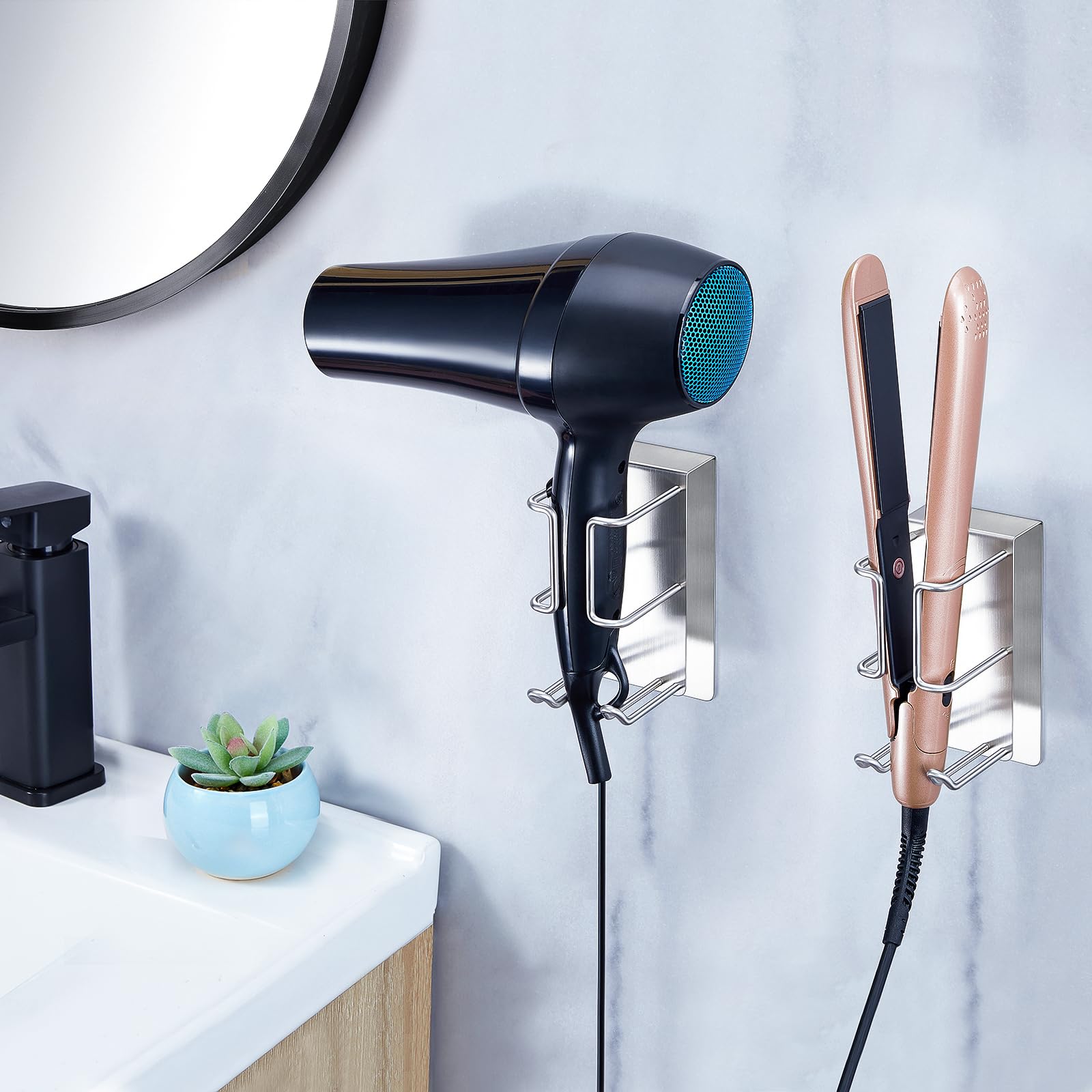GGQ Supporto per asciugacapelli e piastra, porta phon senza foratura, porta phon da muro, contenitore per piastra e asciugacapelli, appendi phon bagno autoadesivo (Argento)