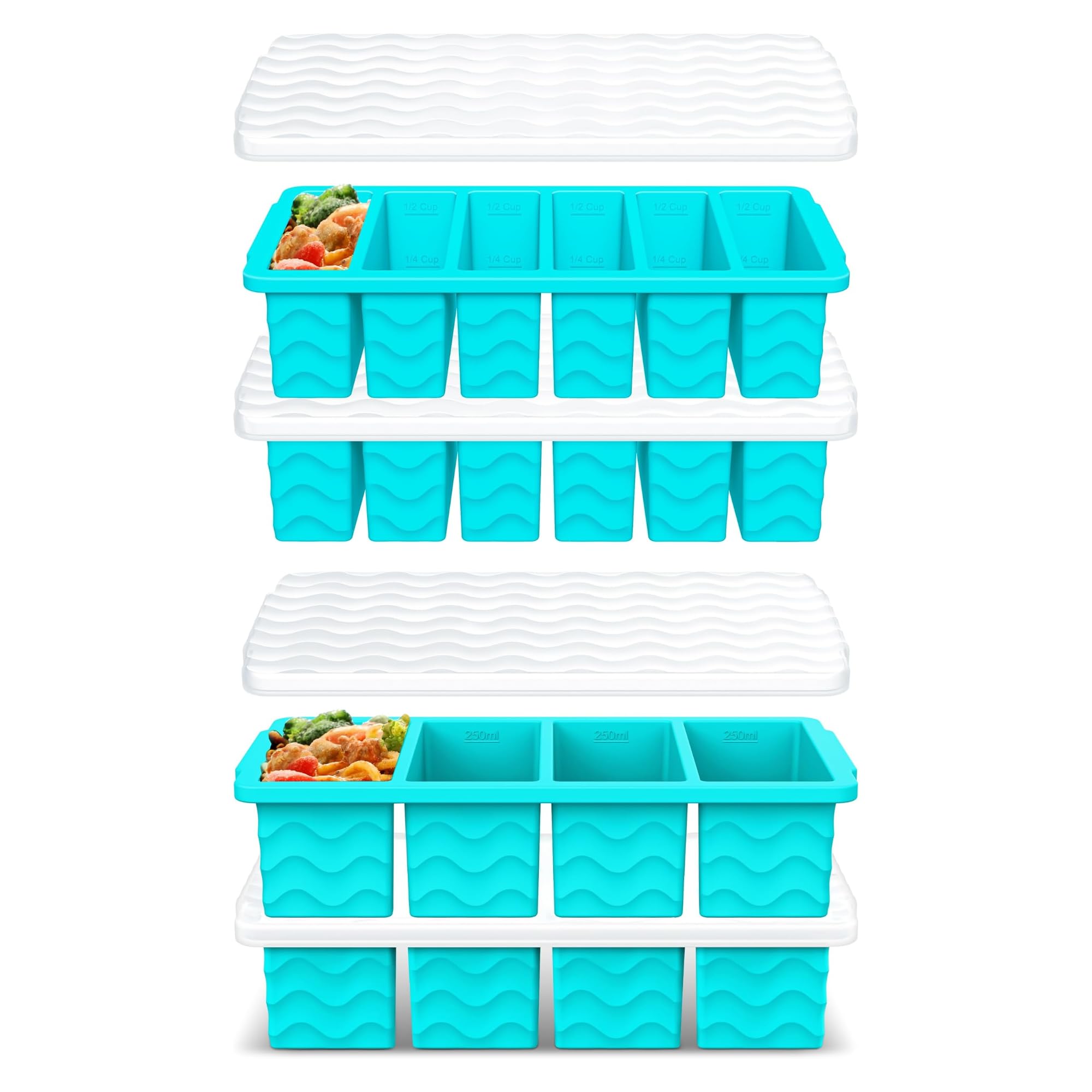 SamahCo Silicone Freezer Moulds with Lids, Soup Tray, (4-Pack, Teal)