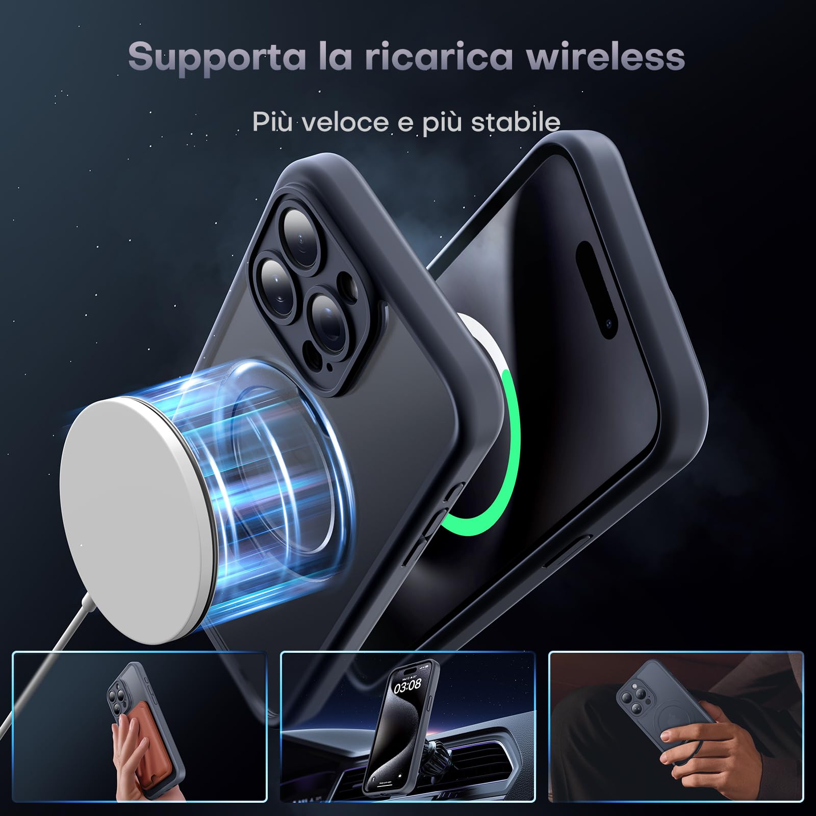 TOCOL 3 in 1 Cover Magnetica per iPhone 15 Pro Max 6,7 Pollic, con 2 Vetro Temperato, Compatibile con MagSafe [Supporto Integrata] [Protezione Fotocamera Integrata], Nero Supporto