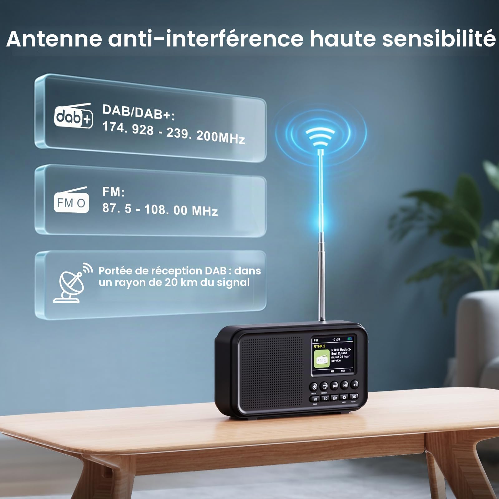 ROCAM Radio Portable Dab/Dab+/FM avec Bluetooth 5.0 & 3000mAh Batterie | 2,4" Écran Couleur Réveil Radio Rechargeable avec Deux Alarmes, 40 Dab/FM Stations Préréglées,12 Langues,TF Carte Emplacement