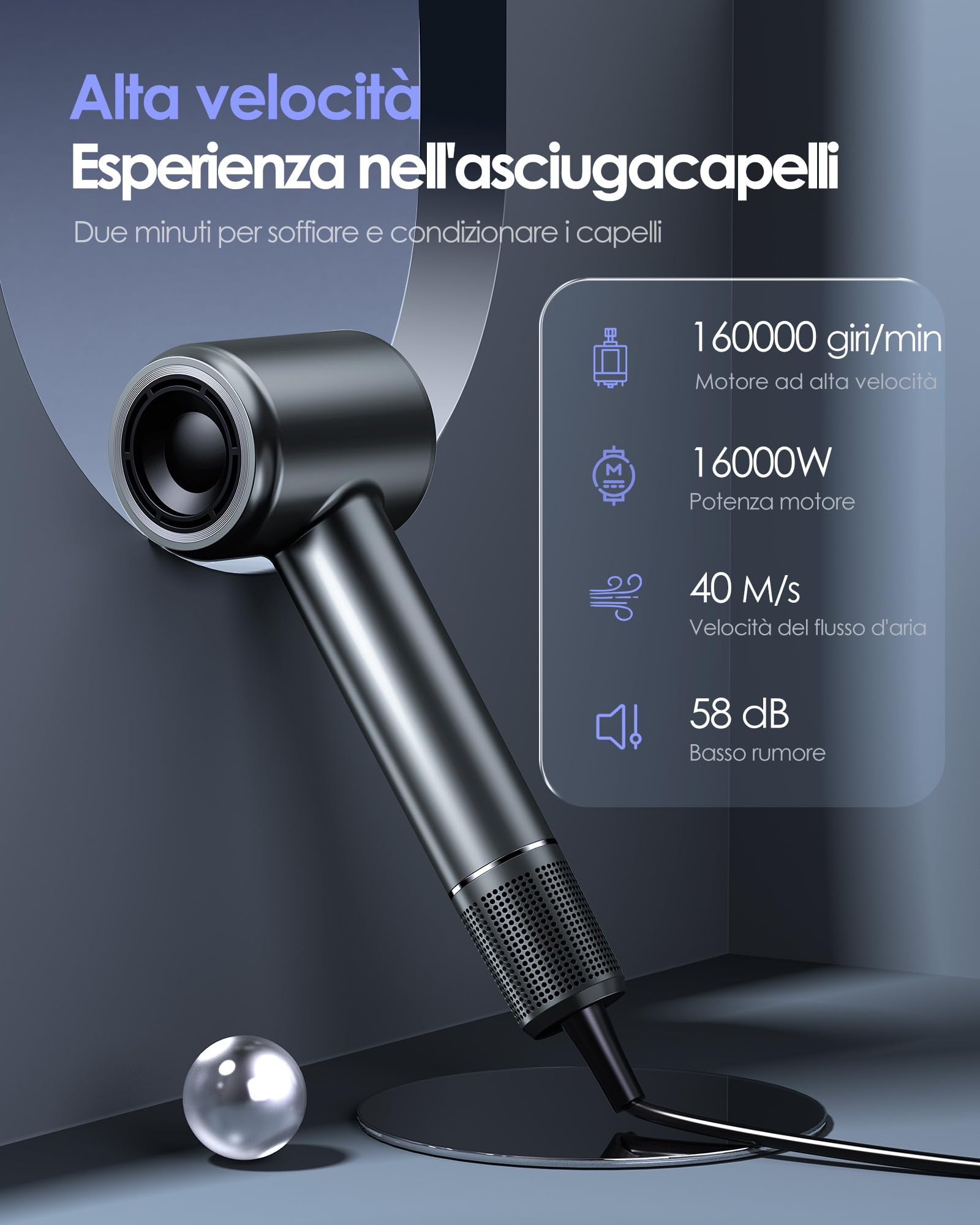 Bopcal Phon Capelli Professionale con Diffusore - 160000 giri/min ad Alta Velocità per Riccioli Secchi, Asciugacapelli con 500 Milioni di Ionico 892-B