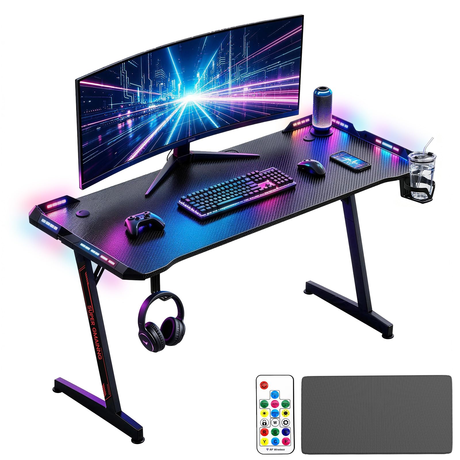Gaming Tisch L07 mit LED 140CM – PC Schreibtisch mit Carbon-Oberfläche, 2 RGB LED Streifen (352 Modi, 10 Helligkeitsstufen), Z-förmiger Stahlrahmen bis 80kg, Getränkehalter & Kopfhörerhaken
