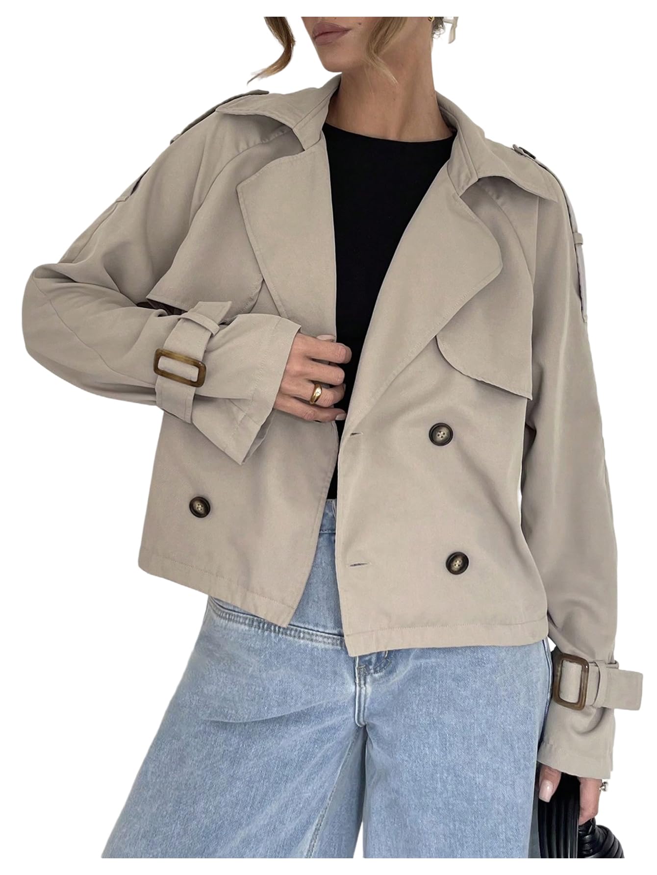 GORGLITTER Womens Cropped Trench Coat Double Breasted Lapel Collar Short Jackets Business Casual Fall Outfits