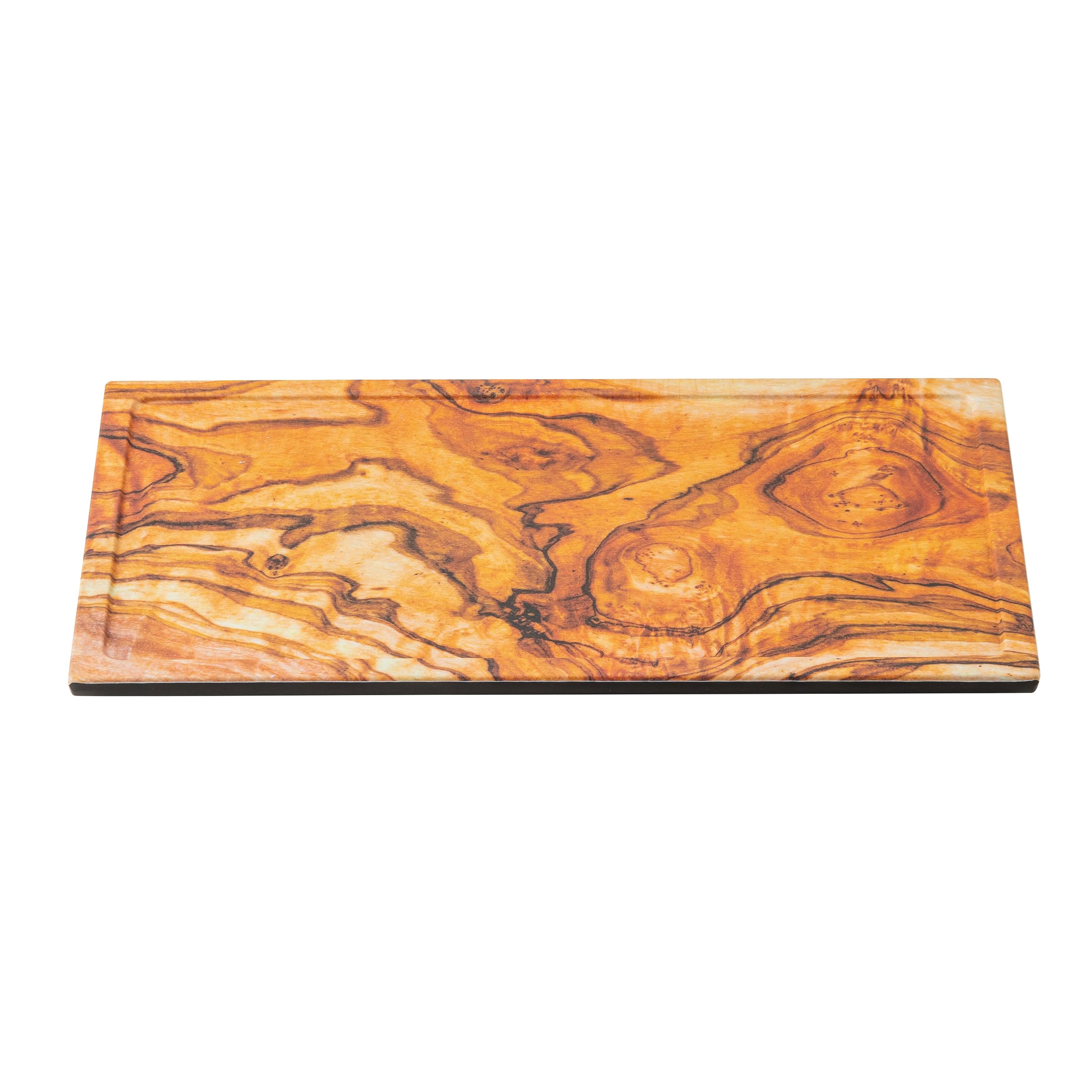 TableCraft Serving Tray, 12.75"x 6.875" x 0.625" Black Melamine with Olivewood Decal, Fits Third Size Gastronorm Crates, Decorative Professional Serving Surface for Catering, Buffet, and Display