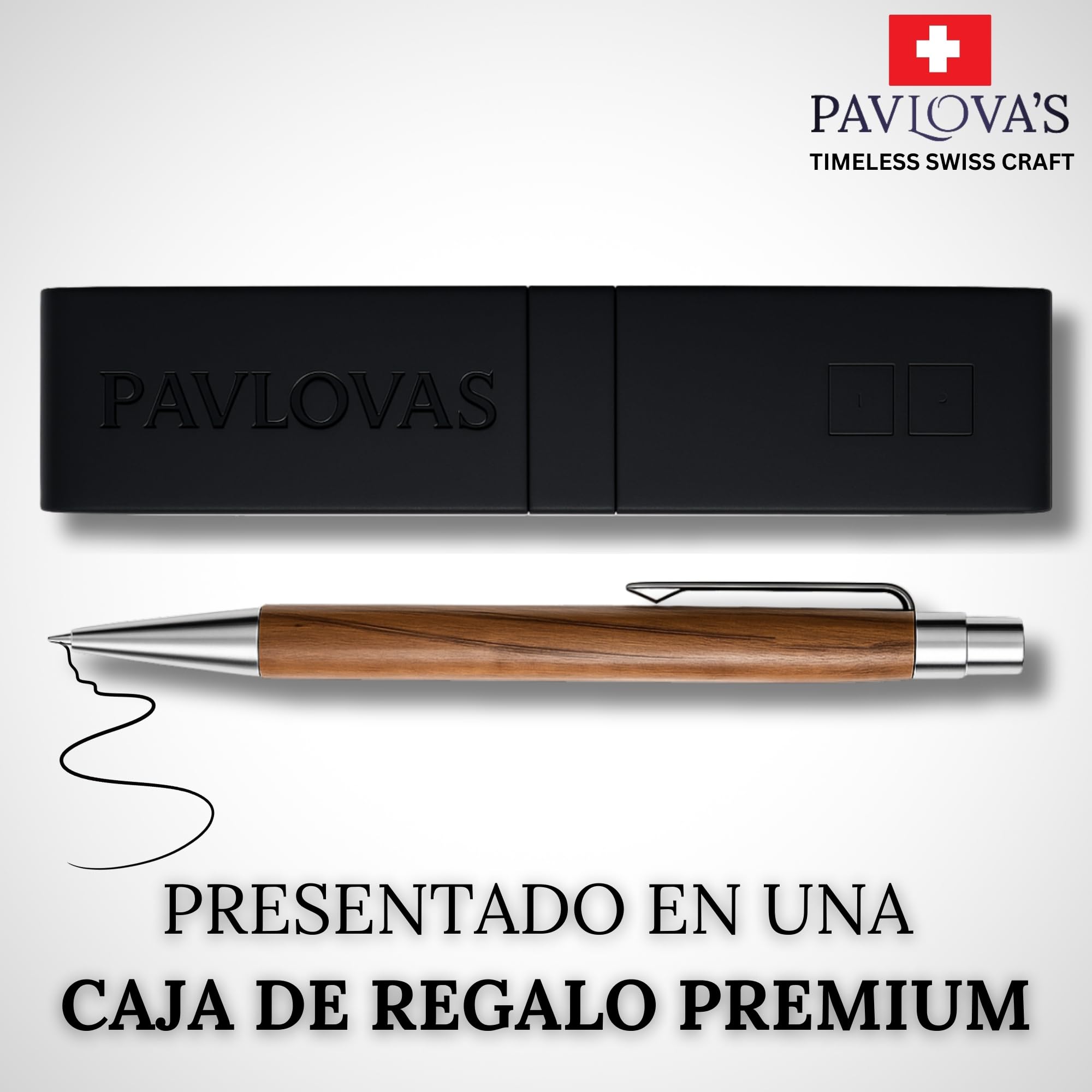 PAVLOVA’S Bolígrafo Nogal Suizo 14cm – Hecho a mano en Suiza – Madera maciza y núcleo de acero – Clic suave – Tinta Negra y Recambio Azul – Estuche regalo – 10 años garantía – EDICIÓN LIMITADA