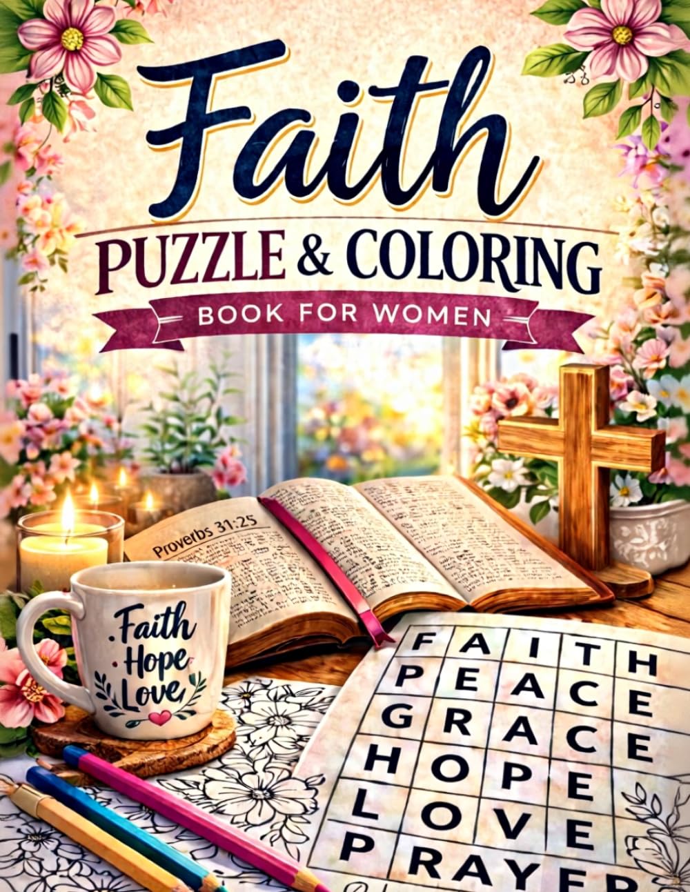Faith Puzzle & Coloring Book for Moms: Bible Word Search Puzzles and Relaxing Christian Coloring Pages for Prayer, Peace, and Spiritual Encouragement