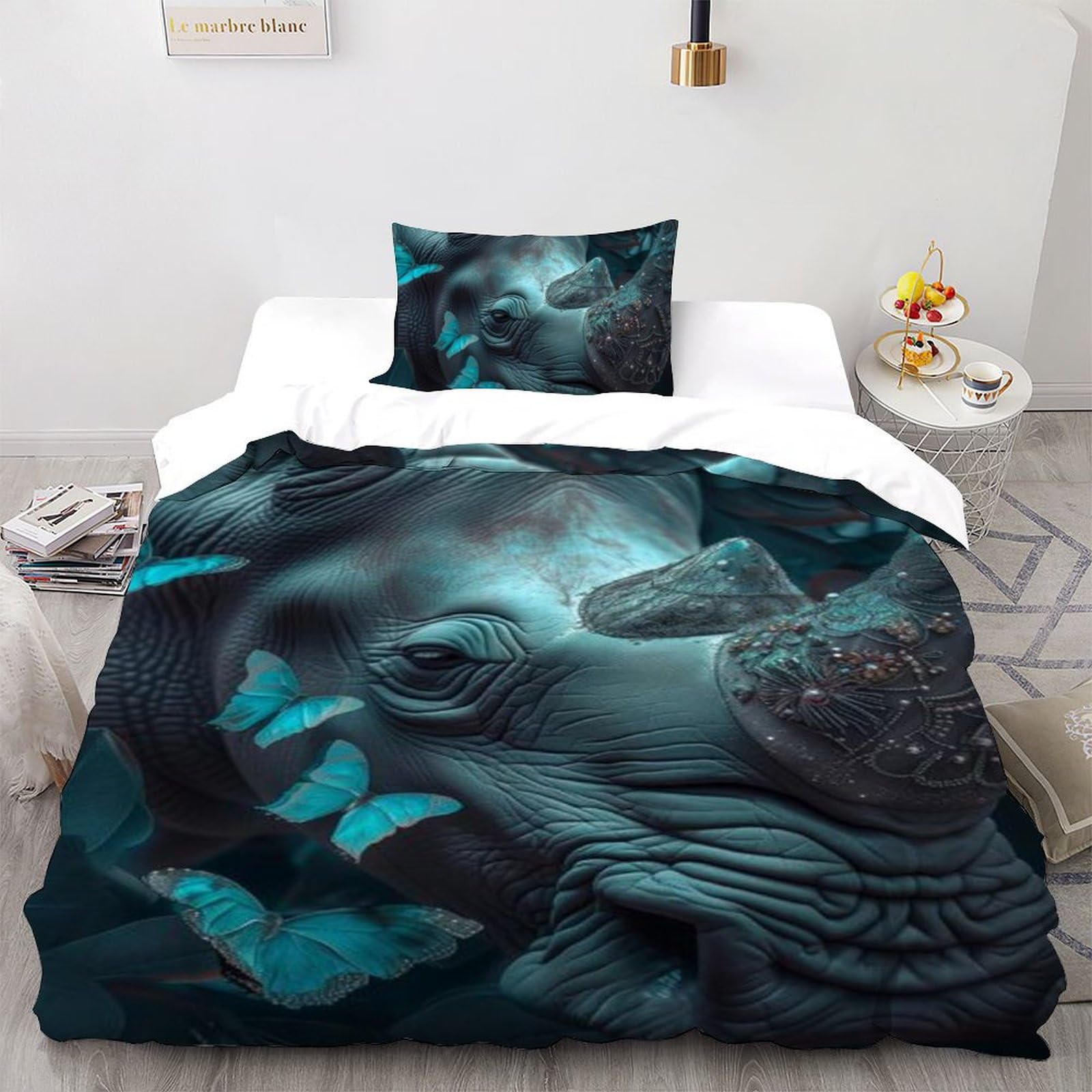 Housse de couette single rhinocéros 135x200 microfibre imprimé 3D animaux