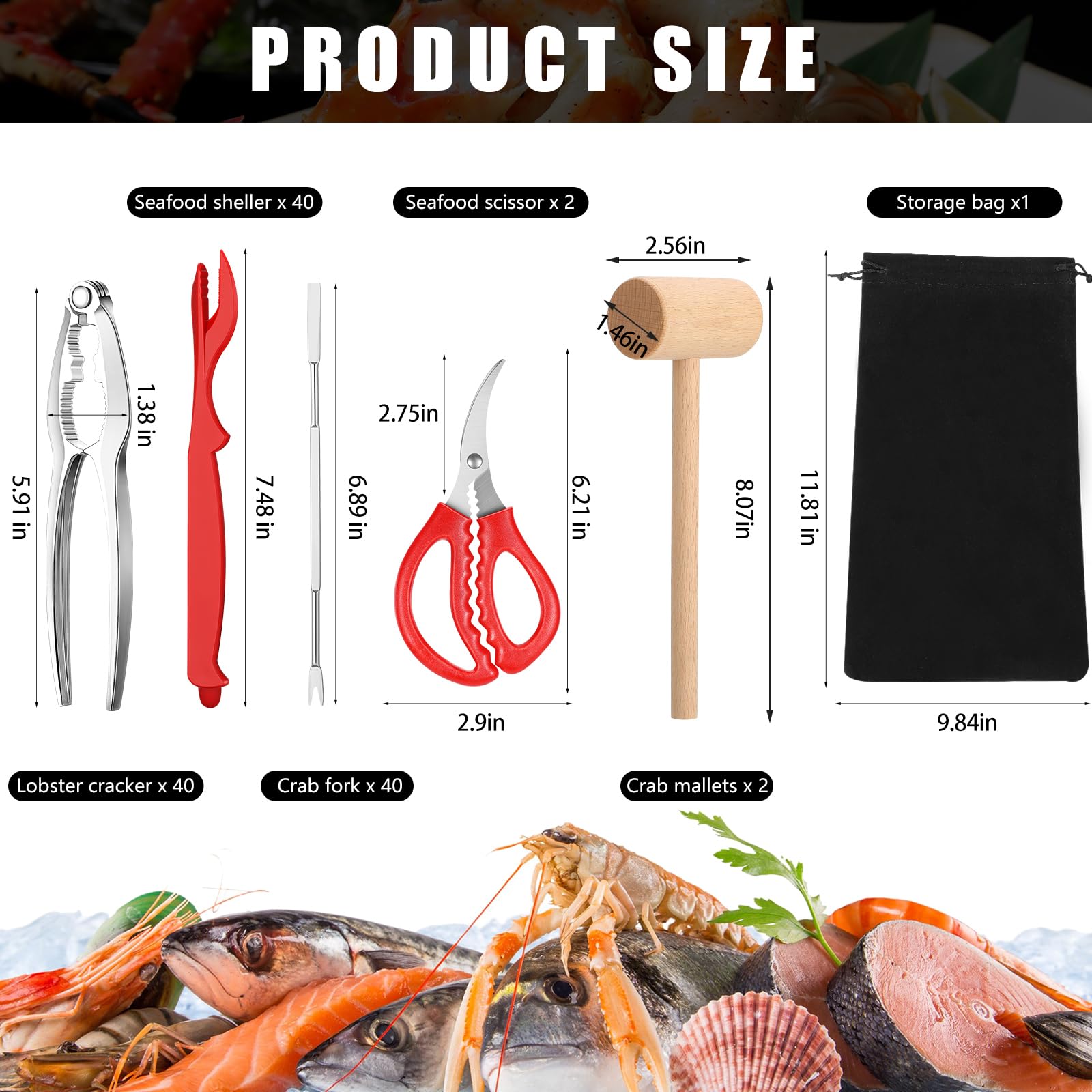 Dandat Juego de 125 herramientas de mariscos a granel, incluye 40 galletas de cangrejo, 40 tenedores de patas de cangrejo, 40 conchas de langosta, 2 tijeras de mariscos y 2 mazos de cangrejo de