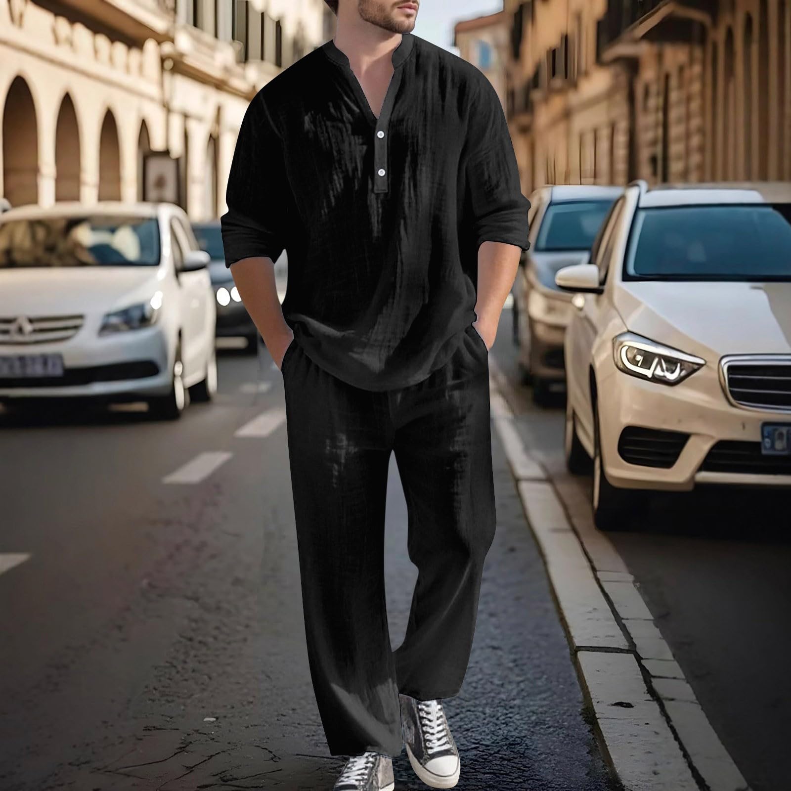 Camisa de lino para hombre, cuello en V, manga larga, pantalones casuales de otoño