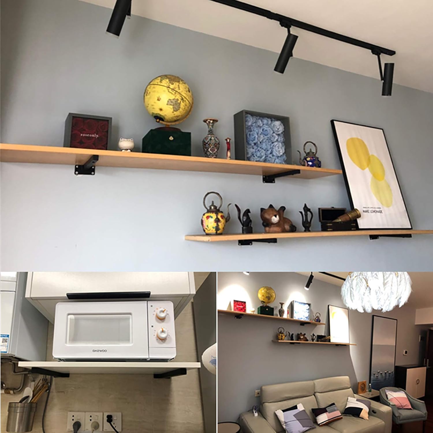 QWEASDF 2Pack Heavy Duty Shelf Brackets, Floating Shelf Brackets, Wall Mounted Iron Concealed Hidden Hardware Brace with Screws and Wall Anchors Industrial Metal Supports Shelving,Black,350mm/14 in