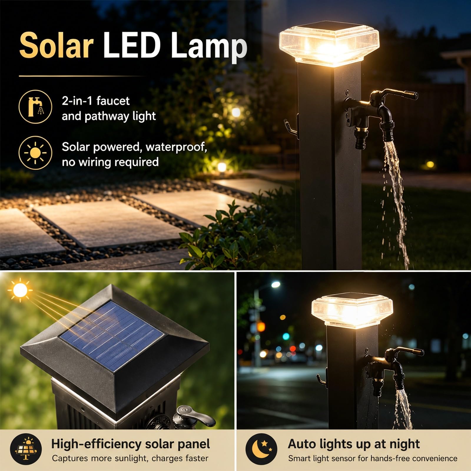 Kolumna Ogrodowa LED Zasilana Energią Słoneczną, Słupek do Węża Ogrodowego ze Stali Nierdzewnej z 2 Kranami, Automatyczne Oświetlenie Nocne(80cm/31.5in)