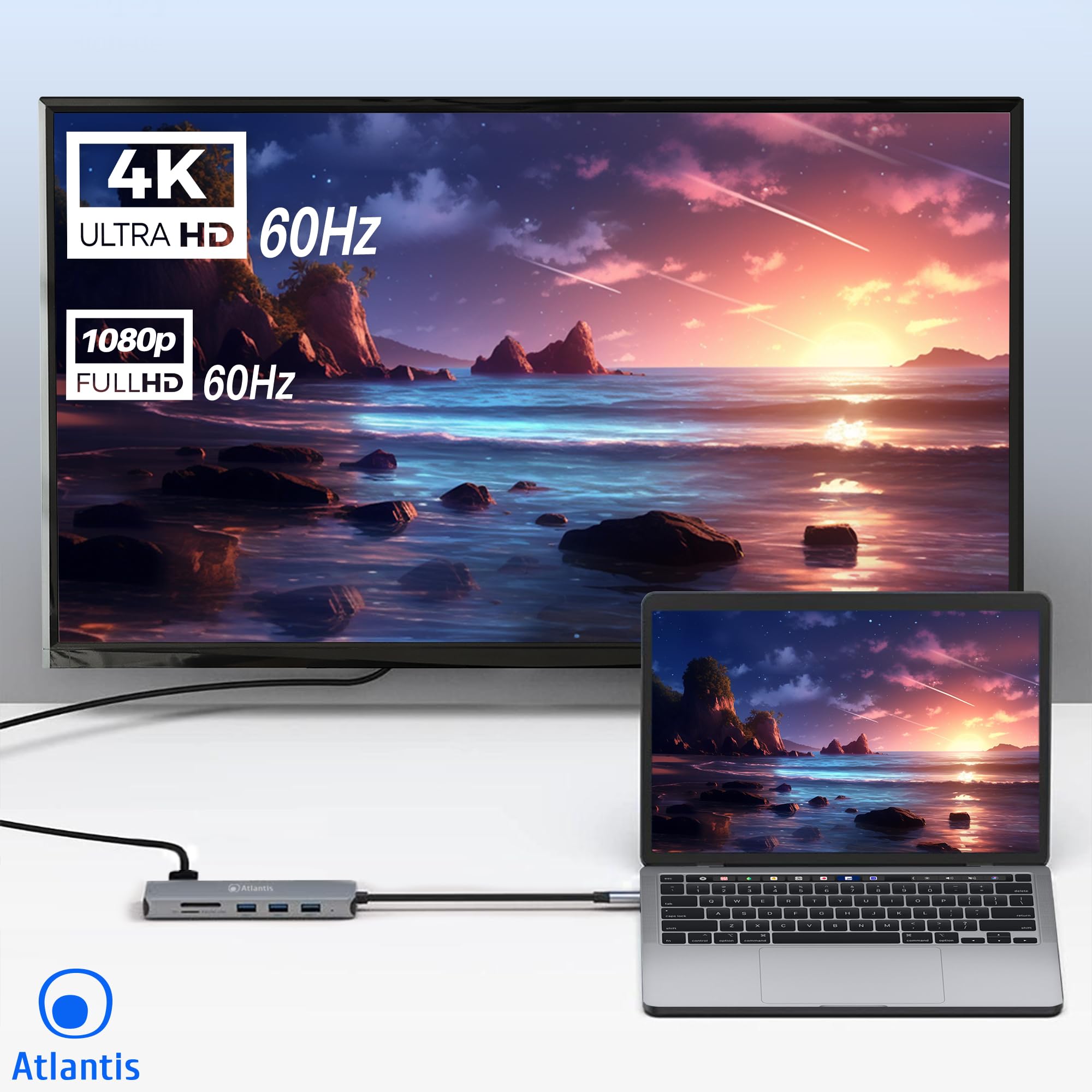 Atlantis Docking Station USB-C con HDMI 4K, VGA e LAN Gigabit, PD 85W | 3porte USB 3.0, 1 porta USB-C, audio IN/OUT 3,5 mm, lettore schede, cavo 18 cm, per notebook, cod. A04-TC_DK46