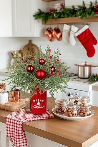 Miniatura 9 de Mini árbol de Navidad, árbol de Navidad artificial en maceta con manzanas, conos de pino, bayas, cinta, mesa, pequeños arreglos florales de Navidad