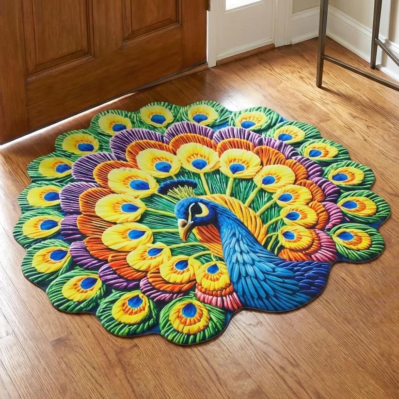 Image of Trendymart Blue Arctic Dream Decore Handmade Peacock Floral Rangoli Mat - Lightweight, Reusable Decorative Floor Mat with Wool Felt Backing (55x 55 cm).