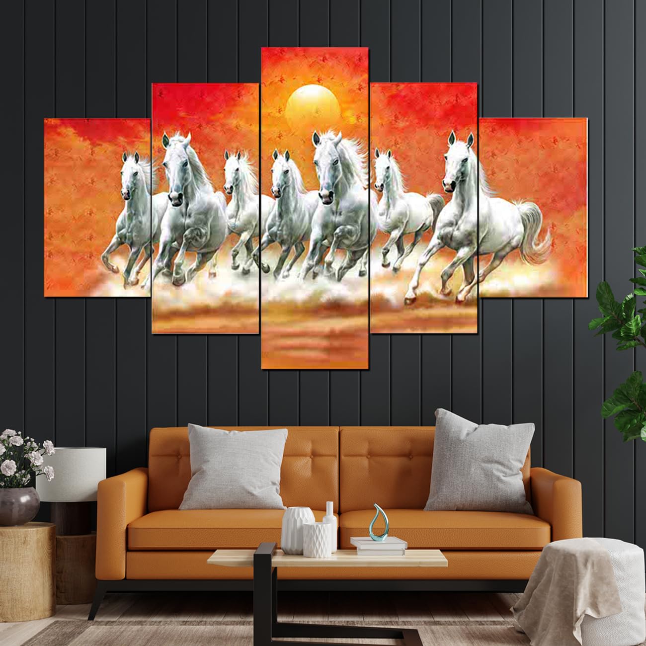 perpetual Running Horse Painting for Wall Decoration - Set Of Five, 3d Scenery Vastu Wall Painting for Living Room Large Size with Frames for Home Decoration, Hotel, Office (125 CM X 60 CM) H6et