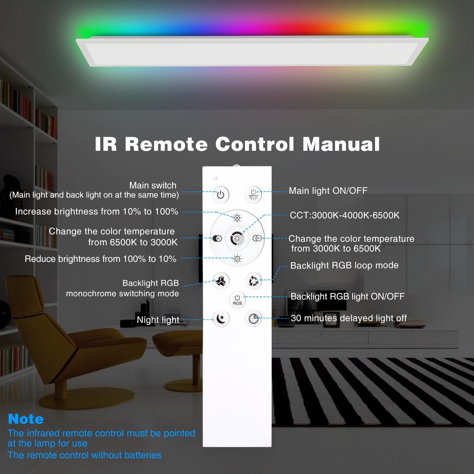 Oraymin LED Panel Deckenleuchte 120x30, RGB Deckenlampe mit Fernbedienung, 40W 4800LM Lampen mit Speicherfunktion, 3000K-6500K LED Lampe Decke als Wohnzimmerlampe, Küchenlampe, Bürodeckenleuchten