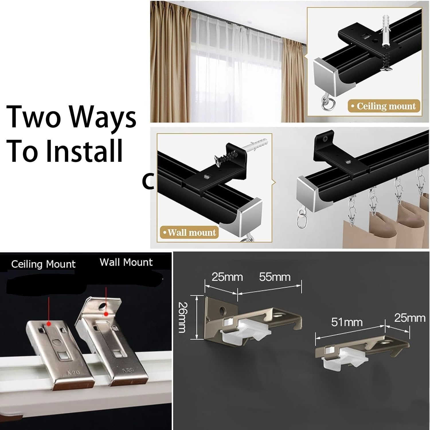 Système de rail de rideau coulissant robuste en aluminium de 1 à 5 m – Fixation au plafond et au mur avec supports et rouleaux pour salon, chambre à coucher et hôtel, blanc, 270 cm de long