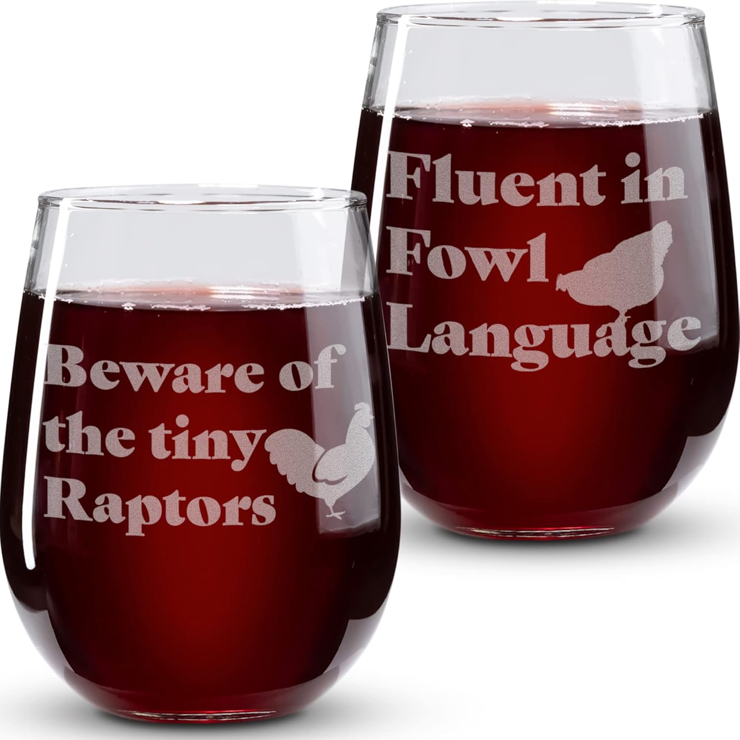 On The Rox Drinks Funny Chicken Gifts - 17Oz 2PC Stemless Wine Glass Set - 'Beware of the Tiny Raptors' & 'Fluent in Fowl Language' - Dishwasher Safe - Chicken Themed Glasses