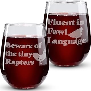 On The Rox Drinks Funny Chicken Gifts - 17Oz 2PC Stemless Wine Glass Set - 'Beware of the Tiny Raptors' & 'Fluent in Fowl Language' - Dishwasher Safe - Chicken Themed Glasses
