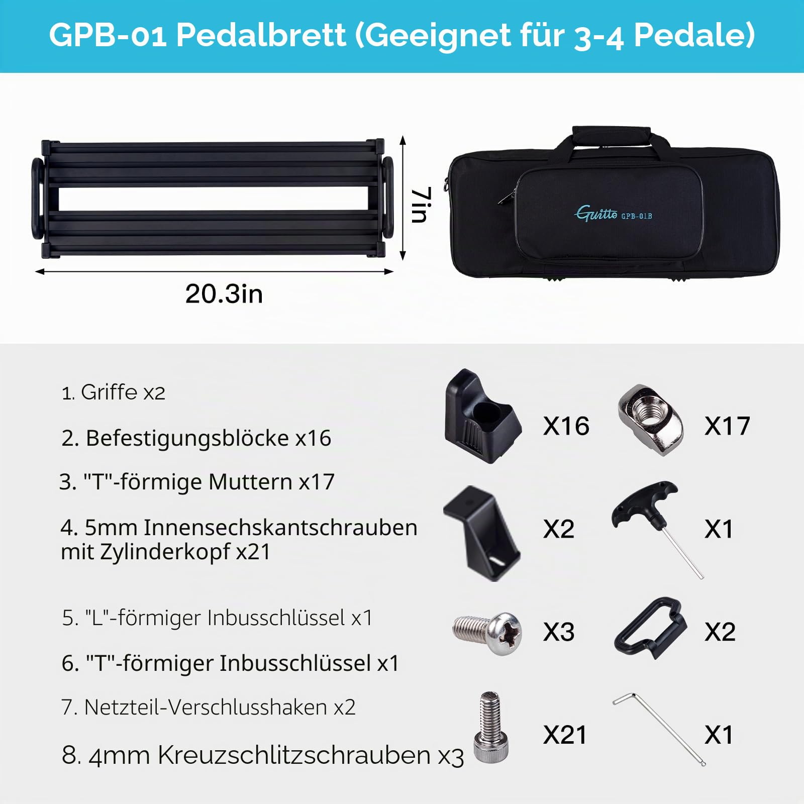 GUITTO Gitarrenpedalboard, sicheres Clip-on-Design aus Aluminiumlegierung mit Tragetasche, kein Klebstoff für Effektpedale erforderlich, für Auftritte und Proben, GPB-01 Small