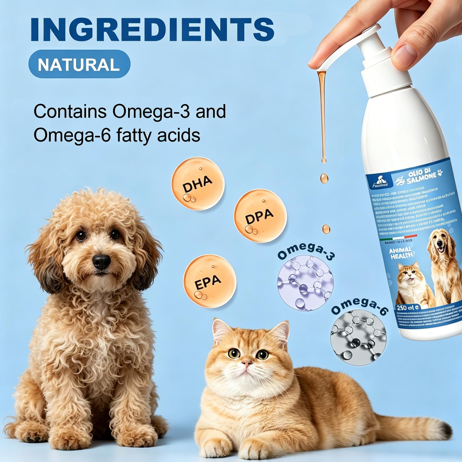 Aspand Olio di Salmone per Cani e Gatti, 100% Norvegese Pressato a Freddo per Articolazioni Fort, Pelle Sana e Rafforza il Sistema Immunitario, Arricchito con Omega 3, EPA, DHA, 250 ml