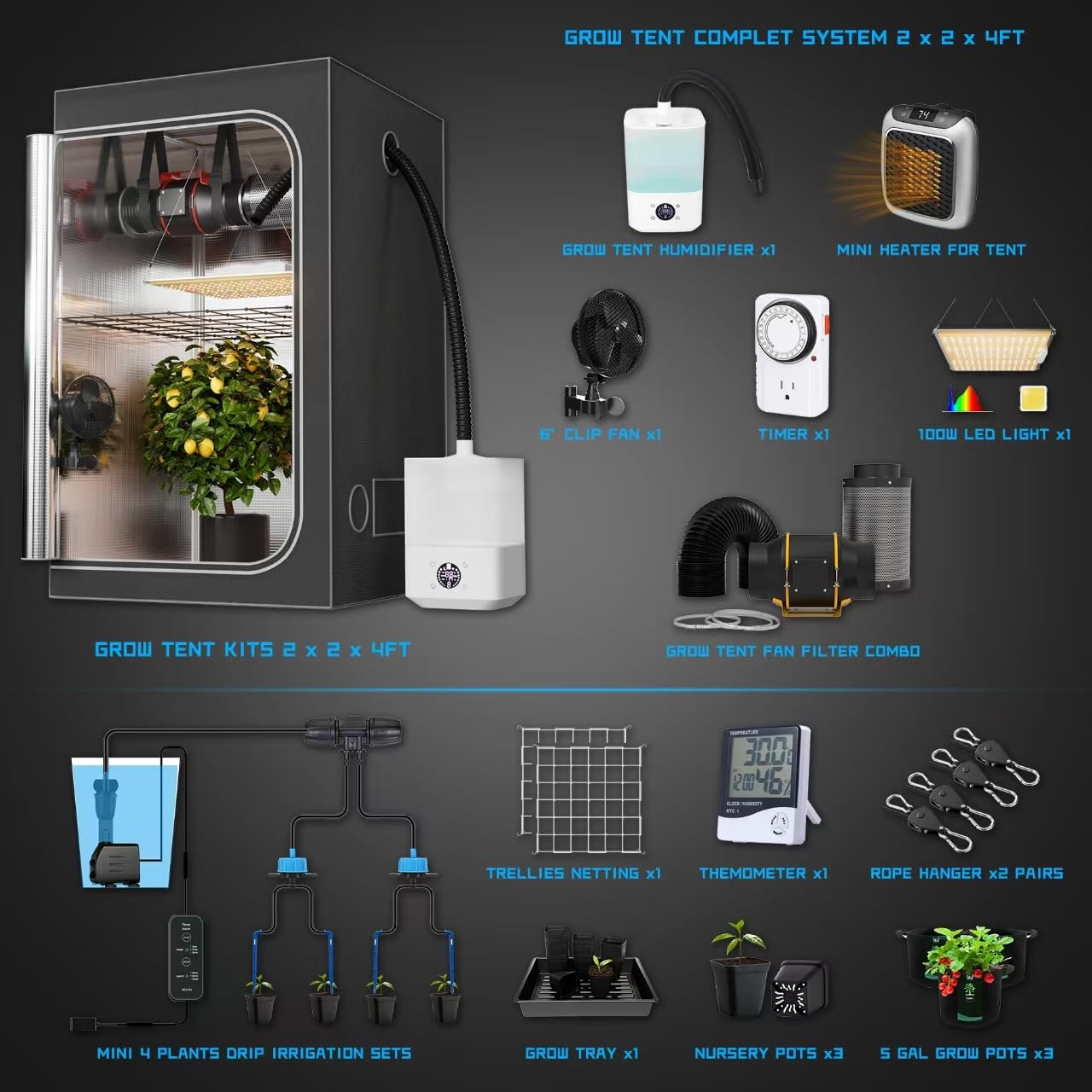 Kit Tente De Culture Complète LED Full Spectrum avec Ventilation Filtre Charbon, Arrosage Auto, Chauffage, Humidificateur & Ventilateur Pince