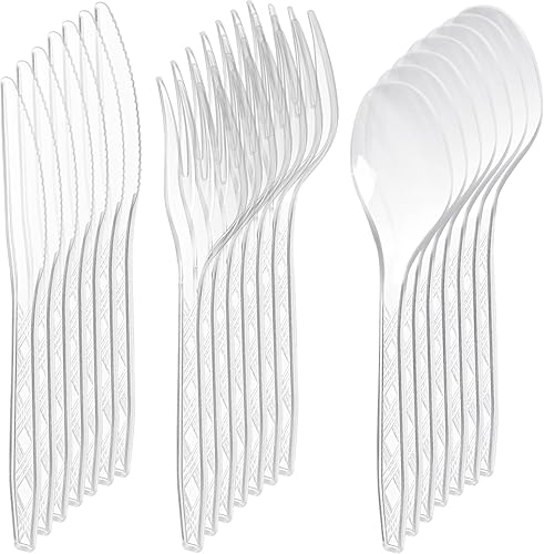 Miniatura 1 de HAKSEN Juego de cubiertos de plástico transparente de 180 piezas, 60 tenedores, 60 cucharas, 60 cuchillos, para fiestas, campamento, picnic