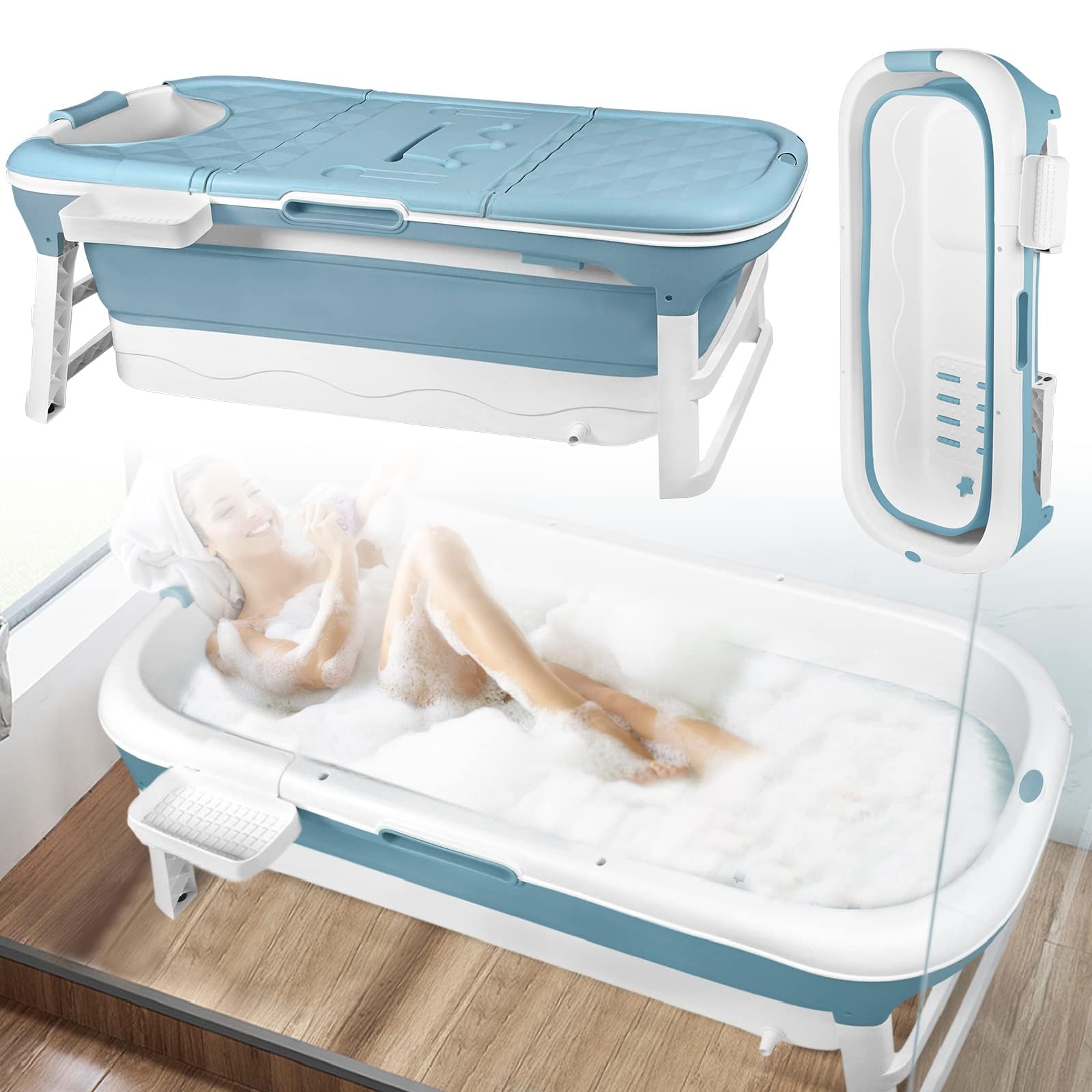 ACXIN Bañera plegable para adultos, bañera móvil con cubierta, cesta de jabón extraíble, ruedas de masaje, práctica y portátil, ideal para baños pequeños (148 x 62 x 53 cm)