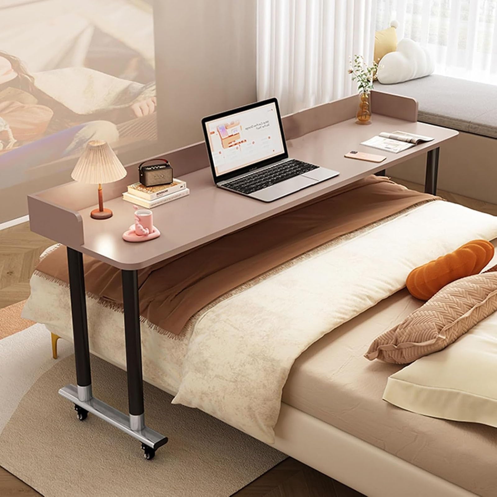 Stolik przyłóżkowy na kółkach, mobilny stojący stolik na laptopa o regulowanej wysokości z wytrzymałymi metalowymi nogami, stolik Queen Bed, stolik medyczny na kółkach do domu(Brown 1,120cm)