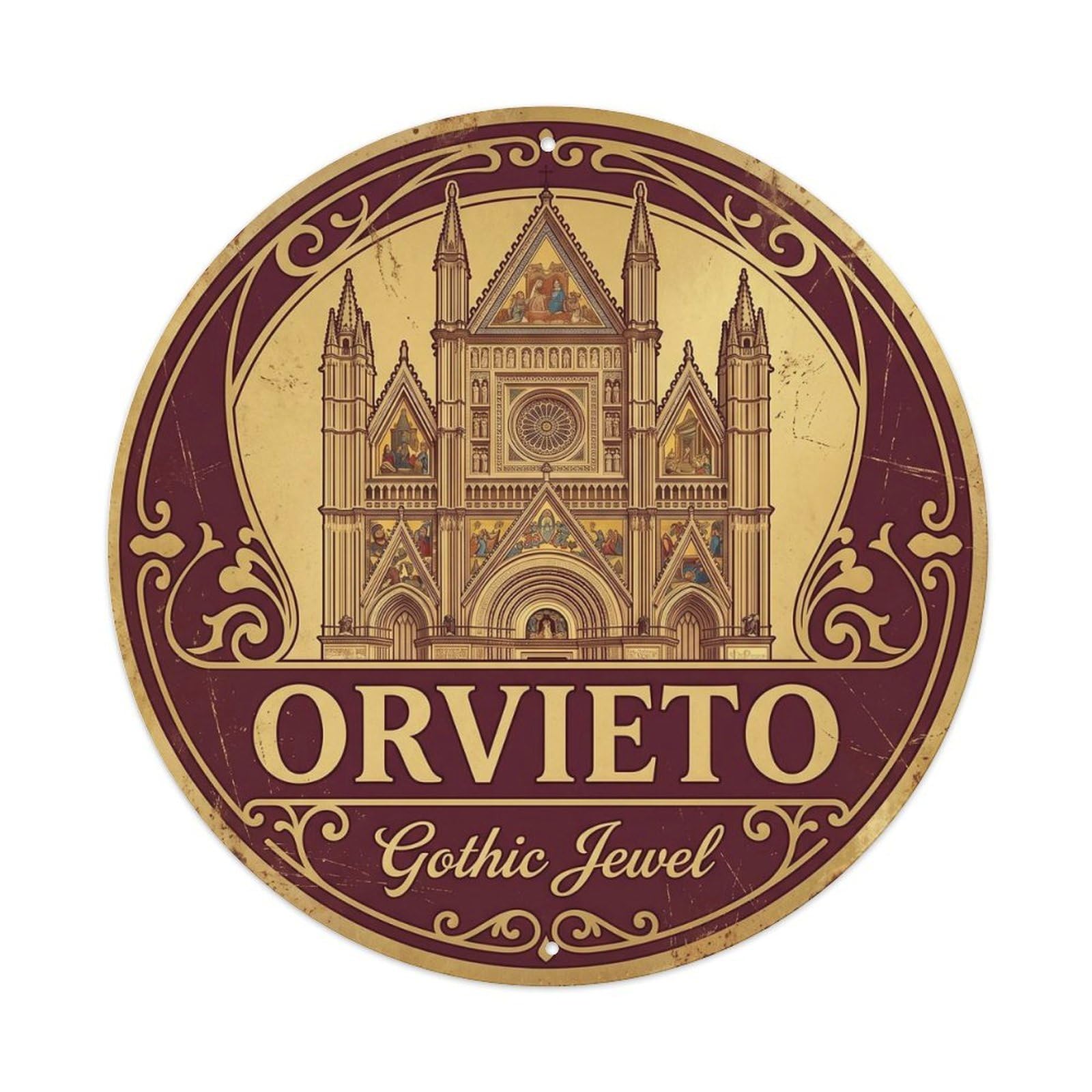 Orvieto Cathedral Italy Historic Travel Cartography Landmark Metal Tin Sign Plaque Wall Decor for Cafe, Man Cave, Club Bar, Office, Home Garden Round Metal Poster 8x8Inch