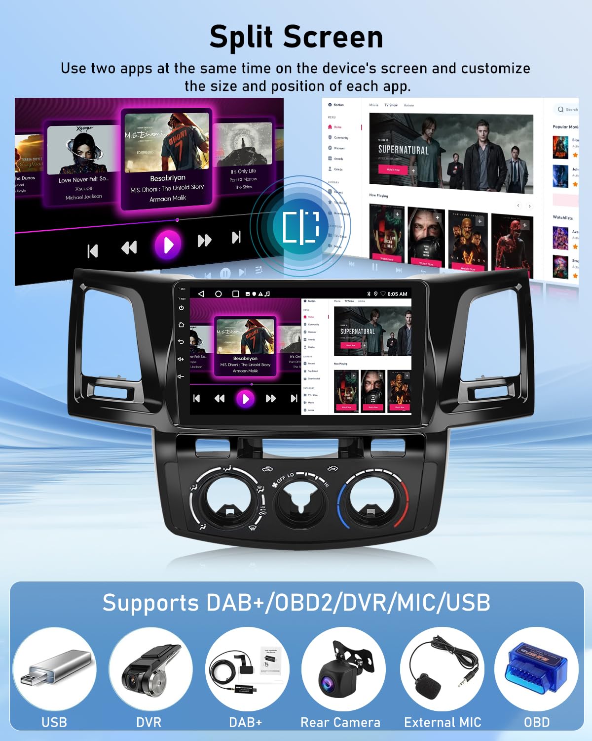 NHOPEEW 2G+64G Android Autoradio per Toyota Hilux 2005-2014 - Senza fili Carplay e Android Auto - 9 pollici Android Stereo con WiFi EQ GPS Mirror Link FM RDS + AHD Telecamera posteriore&Mic