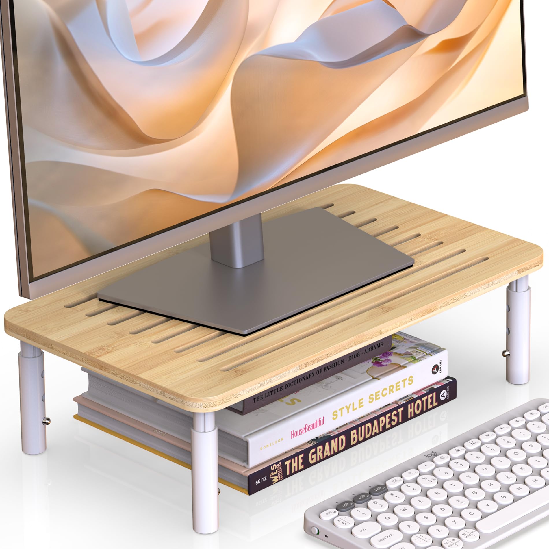 WELL WENG Bamboo Monitor Stand Riser, 4 Adjustable Height, Laptop Stand with Airflow Vents, Desk Organizer for Computer, PC, Printer (Natural)