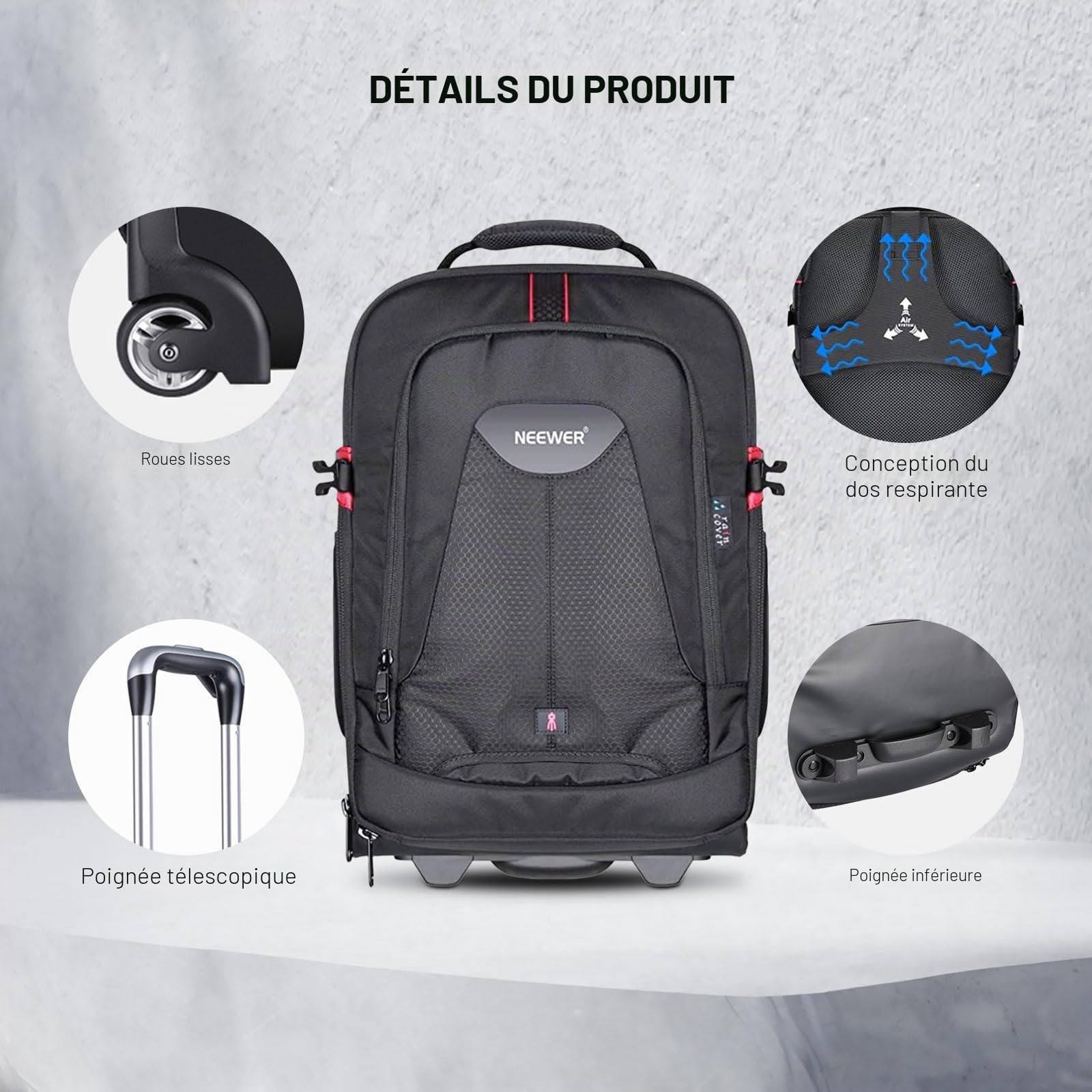 Neewer - Valise à roulettes 2 en 1 pour appareil photo - Durable et imperméable - (compartiment rembourré anti-choc et détachable, barre de traction cachée) Noir