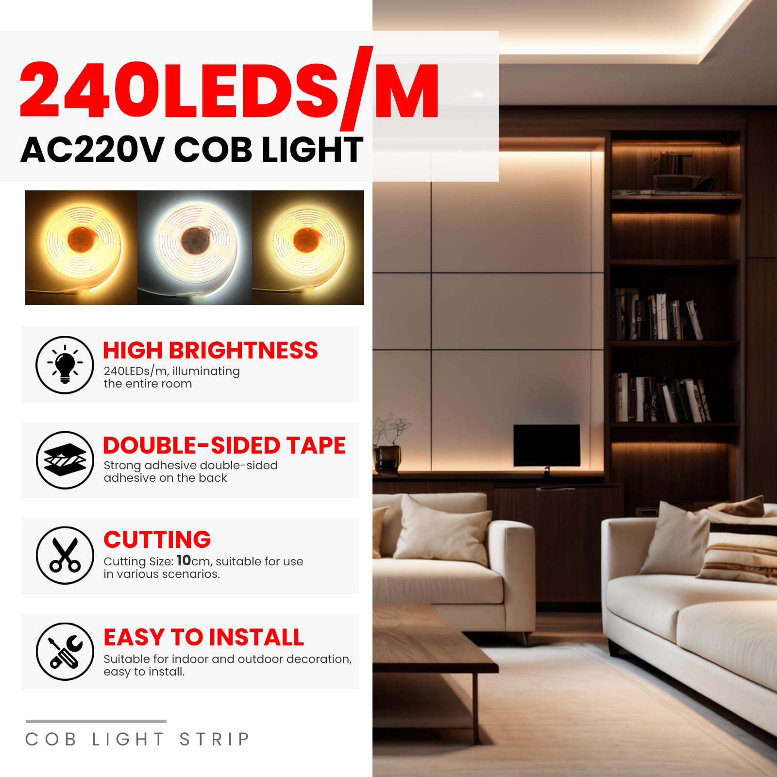 Anschluss an AC220-240V COB Stripe, IP67 Wasserdichtes COB Band Selbstklebeband mit Stecker, Schnitt alle 10cm, 240LEDs/m Flexible Superhell CRI≥85 LED Streifen für Weihnachten (Warmweiß，40m)