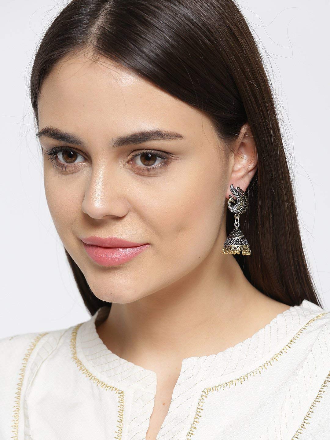 Peacock Inspired Germen Double Tone Engraved Jhumki Earrings