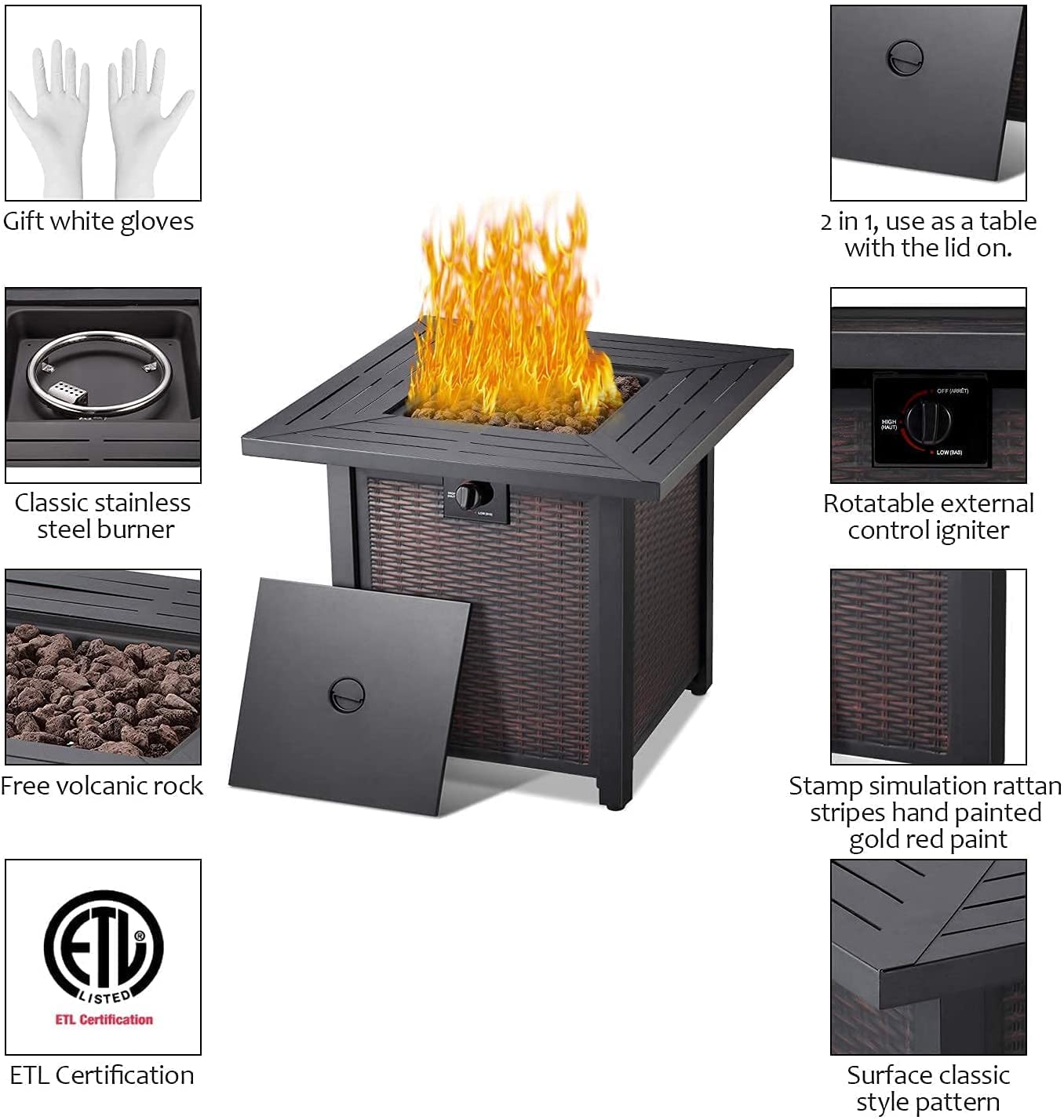 Propane Fire Pit Table,28 Inch 50,000 BTU Gas Fire Pit Table 2 in 1