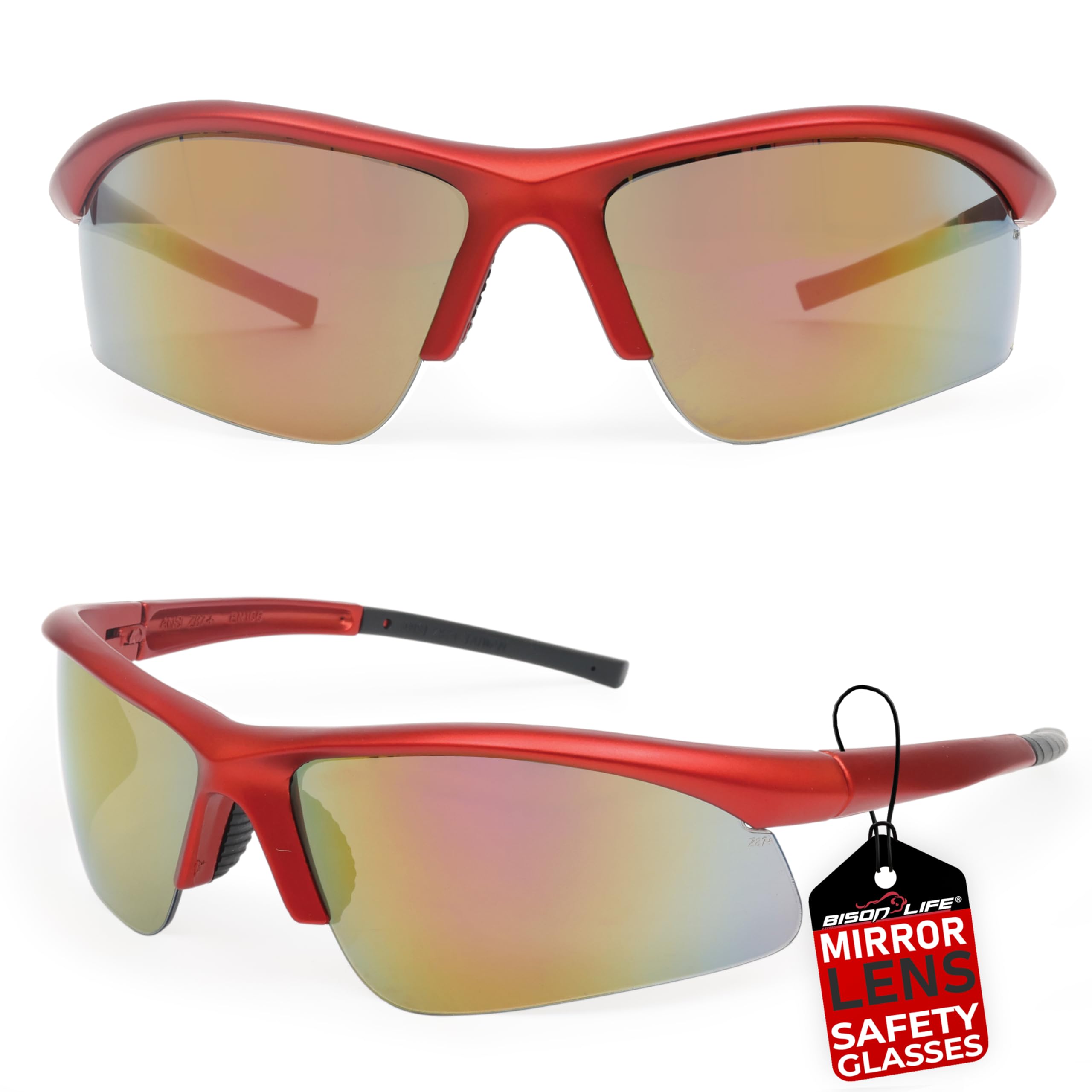BISON LIFE Sport MTX - Gafas de seguridad con lente de espejo rojo, ANSI Z87.1+, lente de protección UV antivaho y antiarañazos para disparar, trabajo en el patio, ciclismo y actividades al aire libre