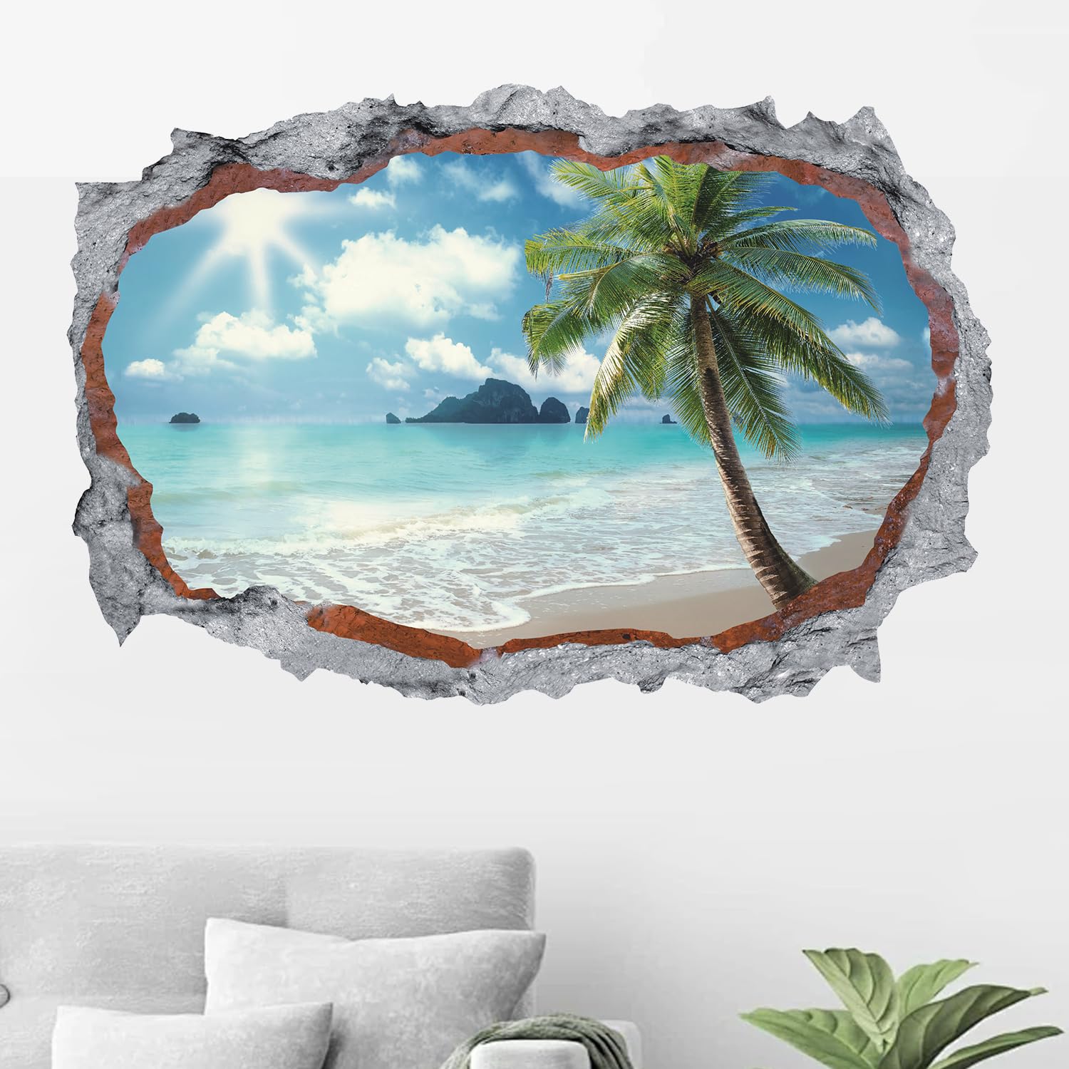 HPNIUB 3d Kaputter Wandaufkleber,90 * 60cm(BxH),Wandtattoo Wohnzimmer Landschaft,Selbstklebend Wandsticker Meer Baum Poster,Vinyl Wandaufkleber Durchbruch Deko für Wohn (glühende Sonne)