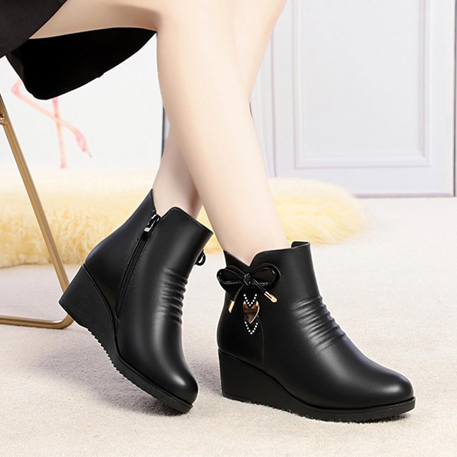 Women'S Leather Wedge Booties Fashion Rhinestones Bow Warm Fully Fur Lined Non-Slip Side Zipper Platform Snow Boot