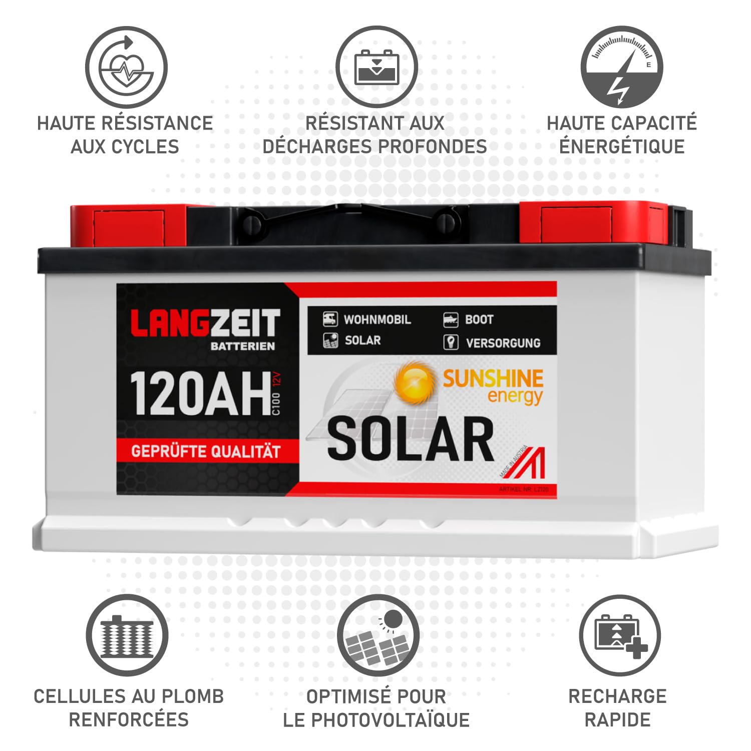 LANGZEIT Batterie Solaire 12V 120Ah Caravane décharge Lente remplace 100Ah