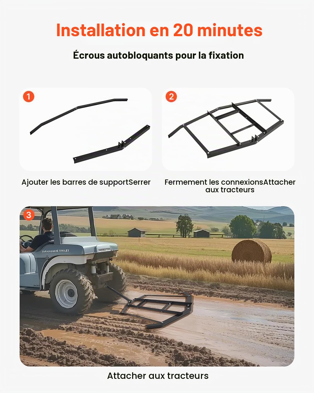 VEVOR Herse Traînée 1670 mm Râteau Niveleur Remorquable d'Allée de Gravier en Acier Q235 avec Barres Réglables, Capacité Charge 22,7 kg, Outil de Nivellement pour VTT, UTV, Tracteur de Pelouse Jardin