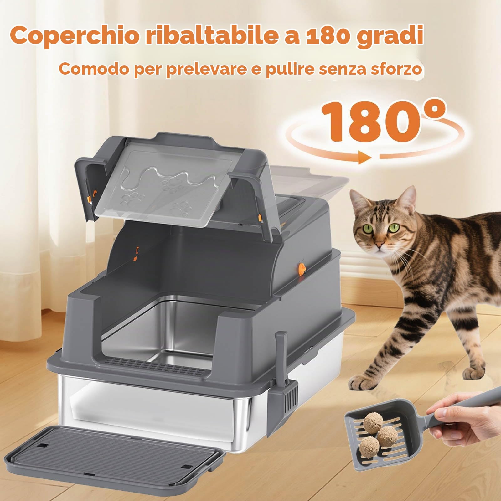 Homegroove XXXL - Lettiera per gatti in acciaio inox con coperchio, 70 x 50 x 45 cm, extra grande, con pala e pedale, in metallo chiuso, per gatti di grandi dimensioni e casette, anti-beccuccio