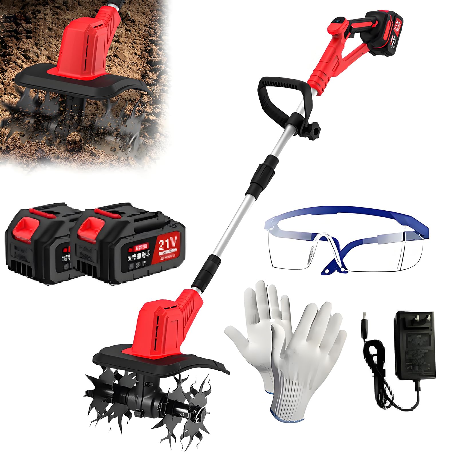 Rotavator eléctrico inalámbrico de mano con mango ajustable, eficaz para arar tierras de cultivo, tierra suelta y páramos, incluye baterías