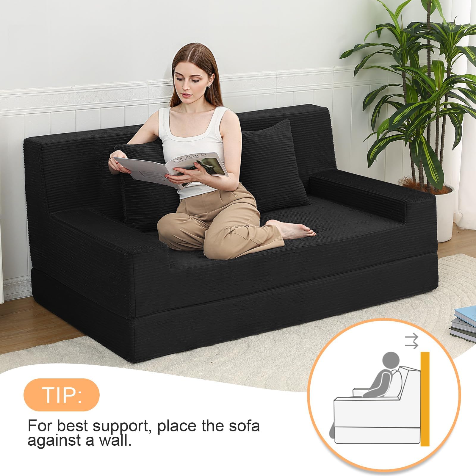 MeMoreCool 59" Boneless Couch Bed, Loveseat Futon Sofa, Small Space, Black | 59 in loveseat, opens to a 59 x 71 in bed - 9 in shorter than a queen; corduroy cover, 700 lb