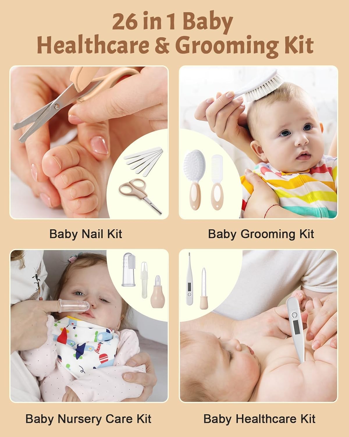 Lictin Baby Nagelfeile Elektrisch, Elektrische Nagelfeile mit 6 Schleifkopf, 26 in 1 Baby Nagelset mit LED Licht, Nagelpflegeset Elektrisch für Babys, Kleinkind, Erwachsene, USB Laden, Braun