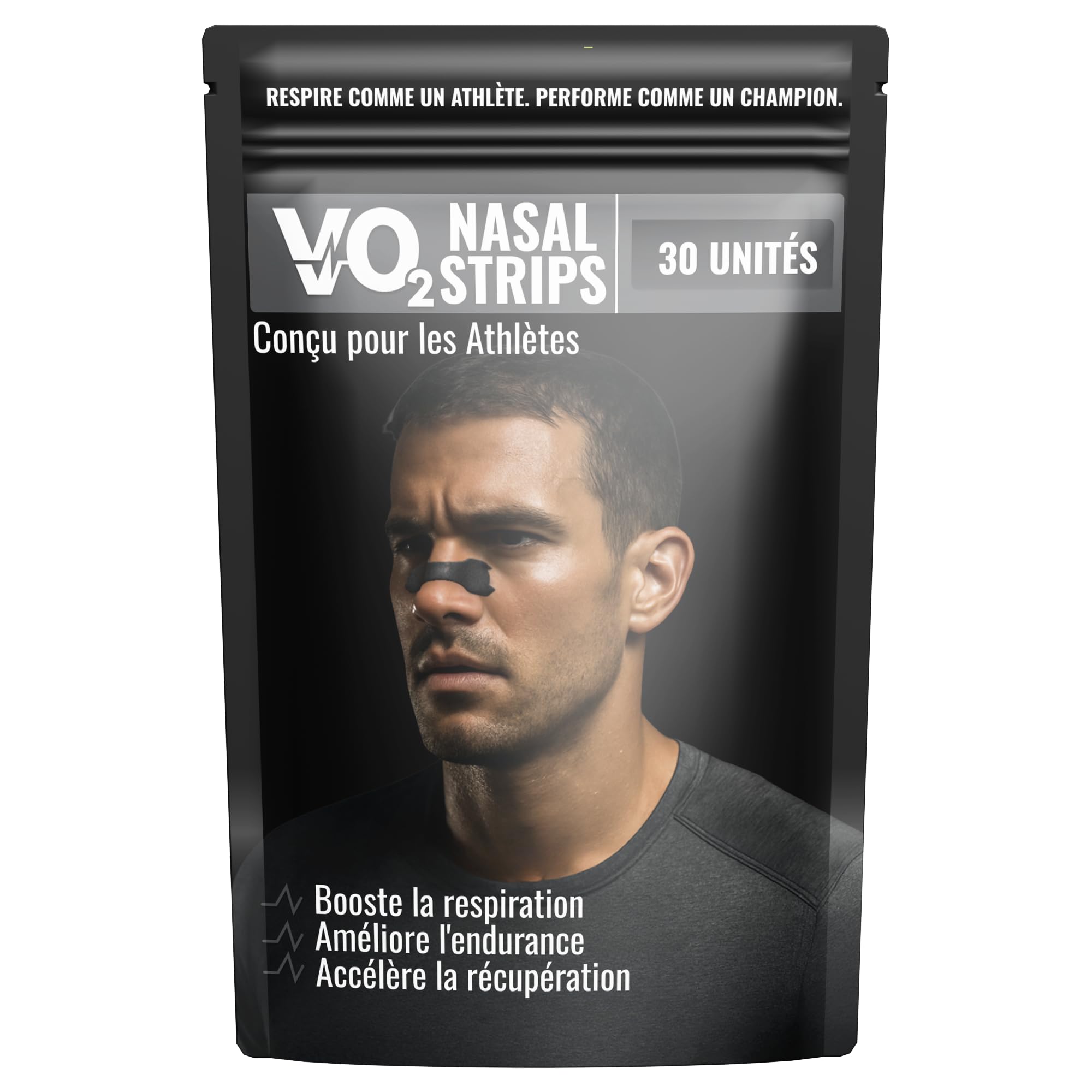 VO₂ Nasal Strips | Bandelettes nasales sport & anti-ronflement (30 pcs premium), respiration améliorée, tenue 6h, course, cyclisme, fitness, hyrox, hypoallergéniques, anti-congestion & sans médicament