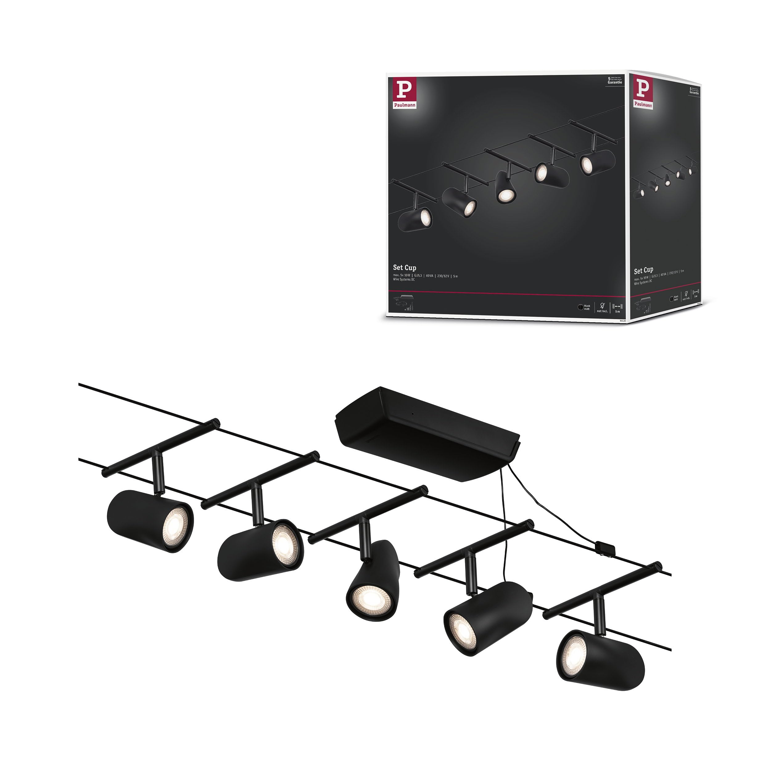 Paulmann Cup Kit Básico de Sistema de Cableado, Corduo, Corriente Continua, Máx. 5x10 W, Bombilla Tipo GU5,3, Sistema de Cableado, Bombilla No Incluida, Cable de Plástico, Color Negro, 94469
