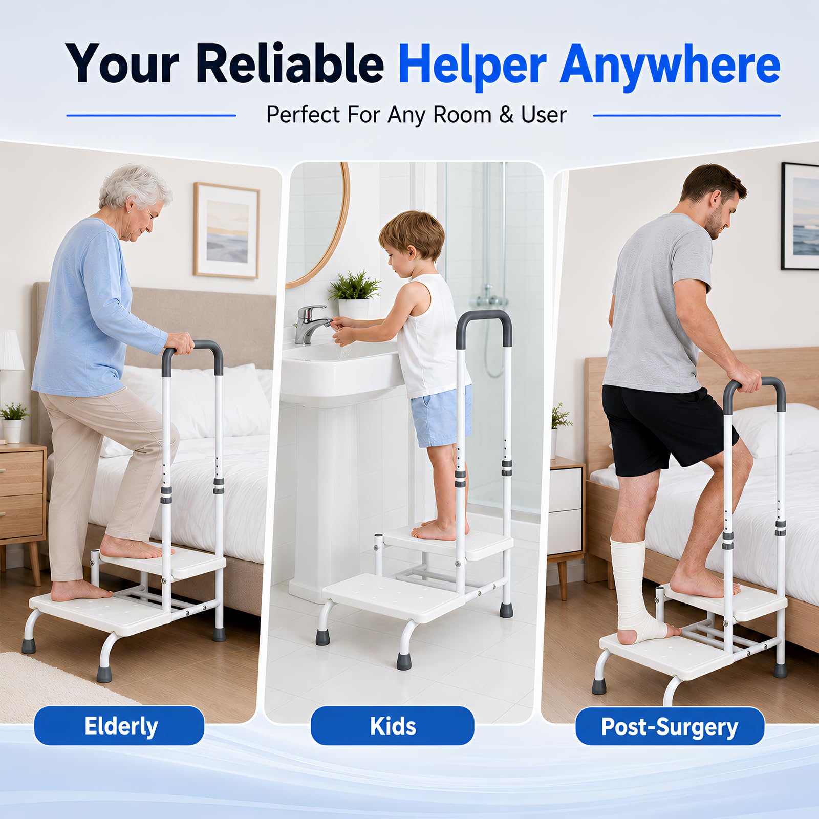 Taburete con asa, 2 niveles, ayuda para entrar en la bañera, antideslizante, hasta 200 kg, nivel de bañera estable para personas mayores y discapacitados, superficie antideslizante para baño, cama y