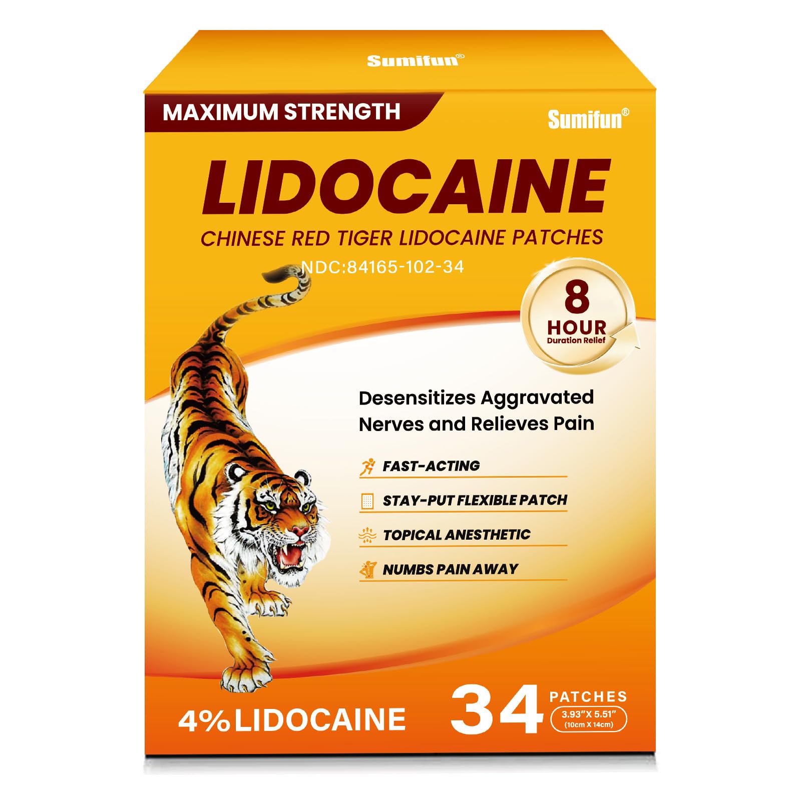 Sumifun 4% Lidocaine Pain Relief Patches,34 Count-Chinese Red Tiger Lidocaine Patches Maximum Strength Gel Patch for Muscule Sore Simple Backaches